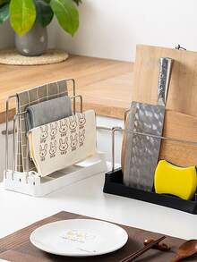 1pc Kitchen Stainless Steel Adjustable Three-pole Chopping Board Drain Rack Storage Holder, For Dishcloth And Cutting Tools - Black - View 4