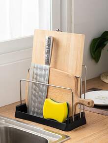 1pc Kitchen Stainless Steel Adjustable Three-pole Chopping Board Drain Rack Storage Holder, For Dishcloth And Cutting Tools - Black - View 3