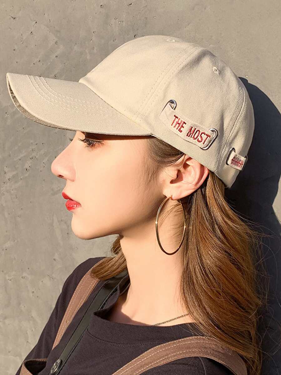 Gorra beige con impresión de letra simple, gorra de béisbol con sombra para protección solar de primavera y otoño - Beis - Ver 1