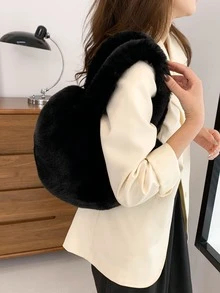蓬鬆、毛絨、柔軟、毛絨休閒、時尚時尚毛絨心形手提包適合女孩、女士、大學生、新秀和白領秋冬、溫暖冬天、聖誕節、秋季、冬季必備、聖誕禮物、適合派對,舞會, 婚禮 - 黑色 - 查看 5