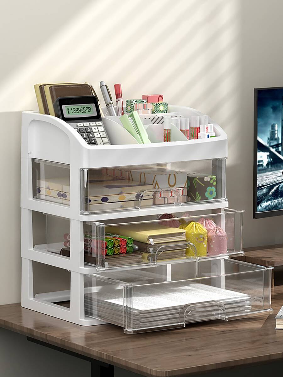 1 Hộp Lưu Trữ Kiểu Ngăn Kéo Để Bàn Trong Suốt Đơn Giản, Hộ Gia Đình & Văn Phòng Nhiều Lớp Đa Chức Năng Sắp Xếp Văn Phòng Phẩm, Kệ Lưu Trữ Để Bàn - trắng - Xem 1