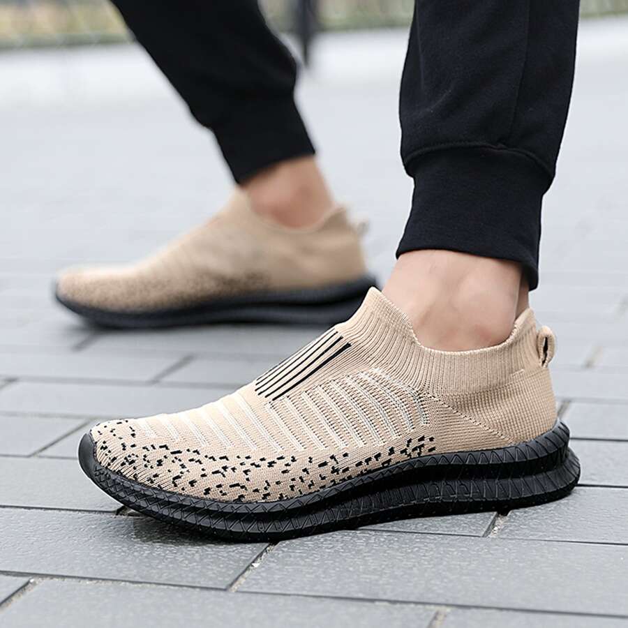 Sporty Sneakers For Men, Striped Pattern Slip On Running Shoes - Brown - View 1