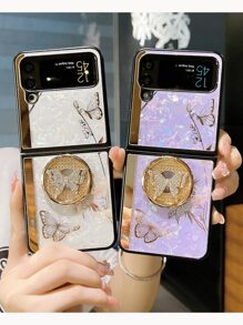 Ốp điện thoại họa tiết bướm có giá đỡ nhẫn - Màu tím - Xem 2