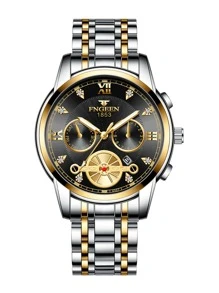 男式時尚商務石英手錶,仿三個子表盤,六針,日曆,不鏽鋼腕帶