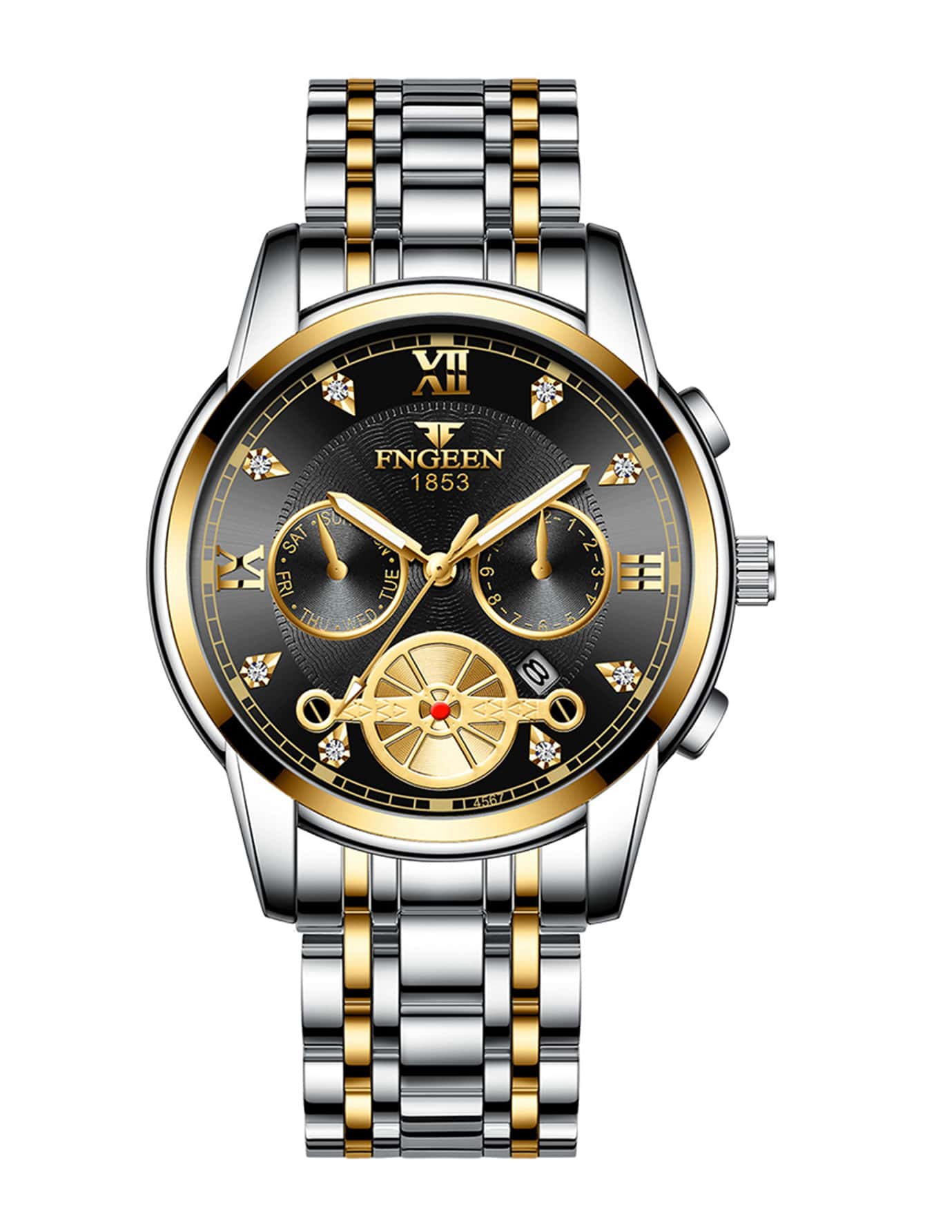 男式時尚商務石英手錶,仿三個子表盤,六針,日曆,不鏽鋼腕帶