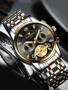 男式時尚商務石英手錶,仿三個子表盤,六針,日曆,不鏽鋼腕帶