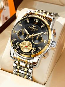 男式時尚商務石英手錶,仿三個子表盤,六針,日曆,不鏽鋼腕帶