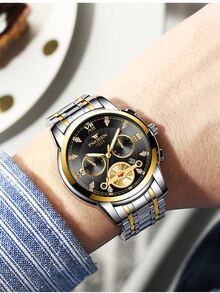 男式時尚商務石英手錶,仿三個子表盤,六針,日曆,不鏽鋼腕帶