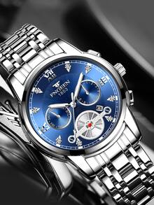 1入商務男士手錶，防水不鏽鋼表帶，日曆石英手錶 - 藍色 - 查看 2