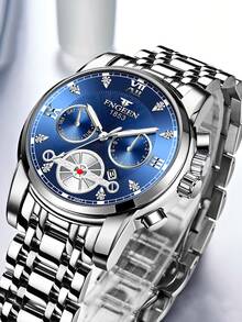 1入商務男士手錶，防水不鏽鋼表帶，日曆石英手錶 - 藍色 - 查看 3