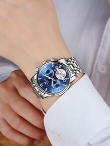 1入商務男士手錶，防水不鏽鋼表帶，日曆石英手錶 - 藍色 - 查看 8