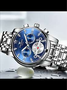 1入商務男士手錶，防水不鏽鋼表帶，日曆石英手錶 - 藍色 - 查看 4