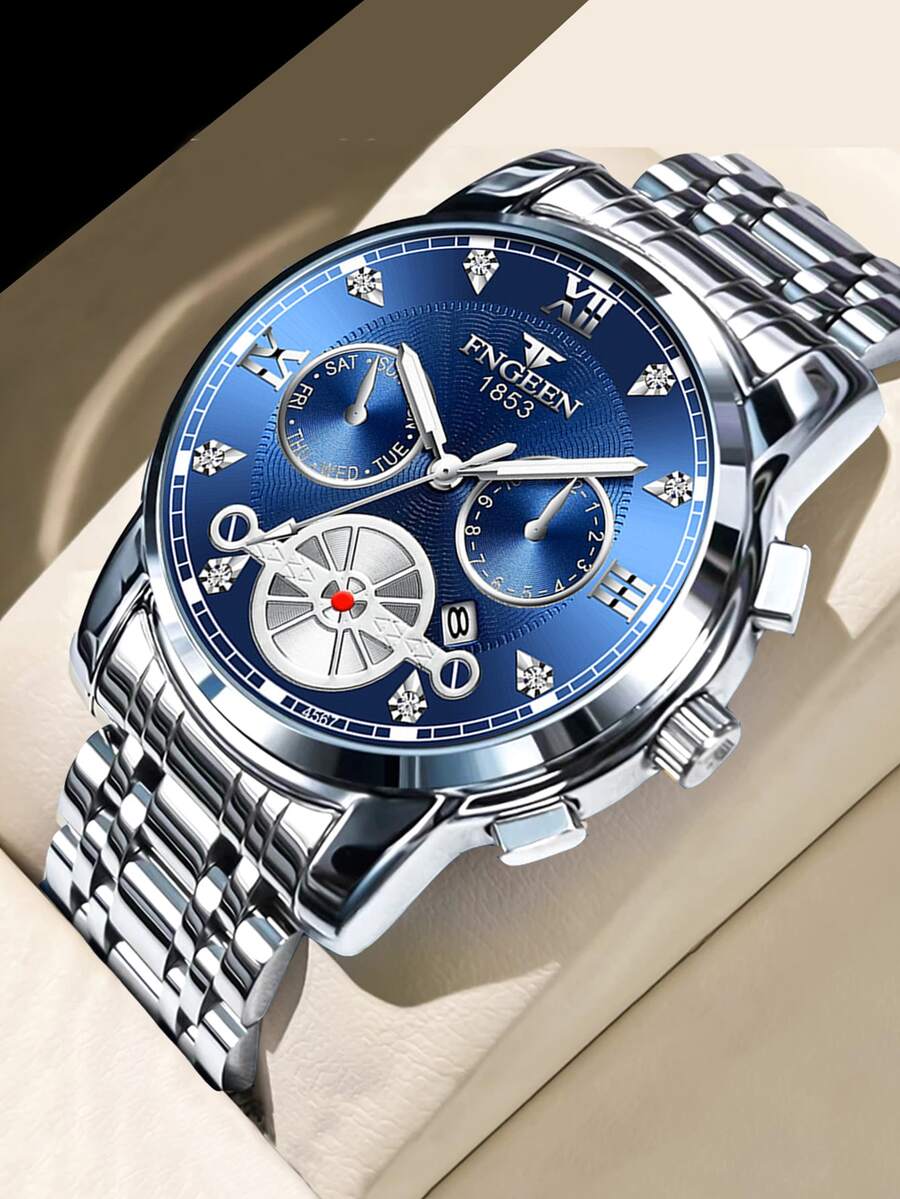 1入商務男士手錶，防水不鏽鋼表帶，日曆石英手錶 - 藍色 - 查看 1