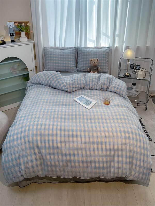 4pcs Plaid Pattern Bedding Set Including 1 Comforter Cover, 1 Flat