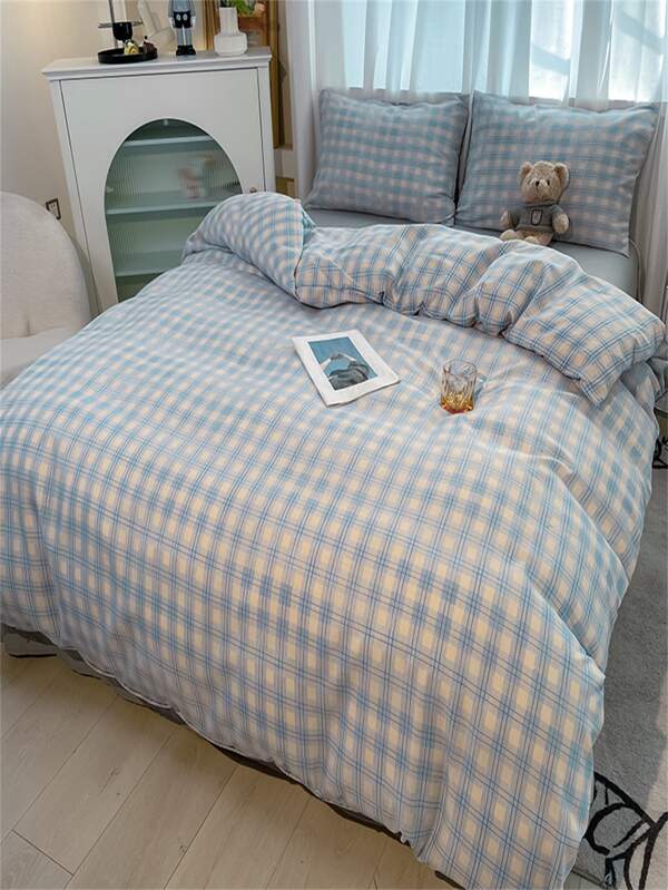 4pcs Plaid Pattern Bedding Set Including 1 Comforter Cover, 1 Flat