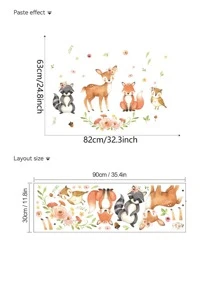1入組卡通鹿、狐狸和花卉圖案自粘式pvc牆貼,適用於兒童臥室和客廳 - 黑色 - 查看 2