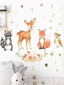 1入組卡通鹿、狐狸和花卉圖案自粘式pvc牆貼,適用於兒童臥室和客廳 - 黑色 - 查看 1