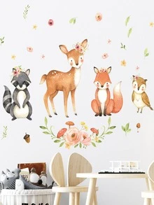 1入組卡通鹿、狐狸和花卉圖案自粘式pvc牆貼,適用於兒童臥室和客廳 - 黑色 - 查看 3