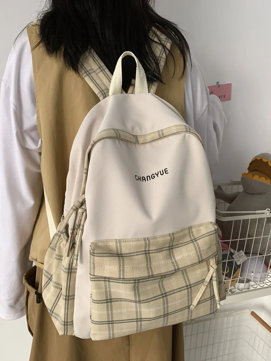 Large Capacity Plaid Pattern Backpack School Backpack Back To School Laptop Backpack - Khaki - View 1