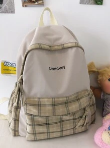 Large Capacity Plaid Pattern Backpack School Backpack Back To School Laptop Backpack - Khaki - View 2