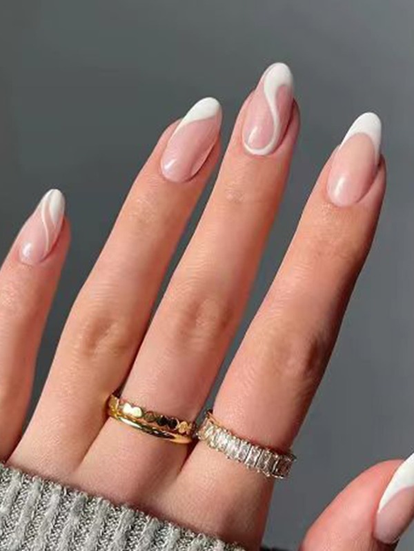 Kit de 24 piezas de uñas postizas que incluye puntas de uñas con patrón de rayas blancas onduladas, gelatina de goma y lima de uñas para uñas redondas francesas. Suministros de uñas uñas falsas uña falsa uña acrílica