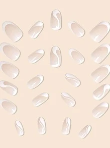 Kit de 24 piezas de uñas postizas que incluye puntas de uñas con patrón de rayas blancas onduladas, gelatina de goma y lima de uñas para uñas redondas francesas. Suministros de uñas uñas falsas uña falsa uña acrílica