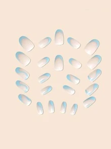 Baby Blue Swirl Art Almond Press On Nails, 24 szt. Falowanie wody i paski Nail Art Design Zestaw sztucznych paznokci, mlecznoniebieska krzywa w stylu francuskim z klejem do paznokci i pilnikiem do paznokci Materiały do paznokci