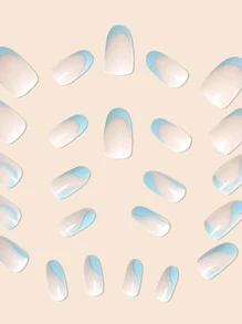 Baby Blue Swirl Art Almond Press On Nails, 24 szt. Falowanie wody i paski Nail Art Design Zestaw sztucznych paznokci, mlecznoniebieska krzywa w stylu francuskim z klejem do paznokci i pilnikiem do paznokci Materiały do paznokci