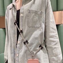 Portable Bow Decor Beaded Phone Lanyard - Black - View 1