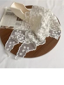 1 件女孩法式蕾丝三角围巾，带花卉图案，白色复古装饰头带，乡村风格丝带海滩头带波西米亚风情人节头巾头巾发巾，头巾秋冬发带发饰，适合女士度假装扮 - 白色 - 查看 1