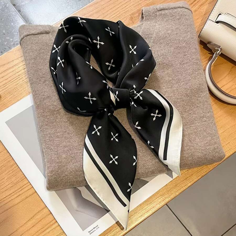 1入組70厘米女士人造絲緞方形圍巾/領巾/頭巾/髮飾，三葉草印花適合度假、日常裝扮和裝飾 - 黑與白 - 查看 1