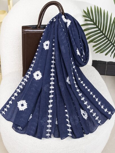 1pc Boho Beach Accessories Flower Embroidery Hijab Scarf Casual Outdoor Sunscreen Windproof Beach Towel