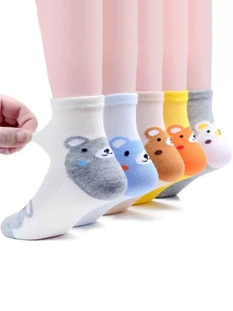 5雙春/夏/秋網紗薄可愛熊圖案男孩襪子,顏色隨機