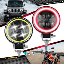4 Round Led Headlight With Magnifying Glass And Color Ring Fixed Light And Zeta Type Strobe Pair - Red - View 1