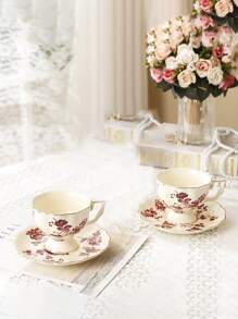 chenguang 1pc Flower Pattern Tea Cup & 1pc Tray, Modern Flower & Branch Print Tea Cup & Coaster For Home - Multicolor - View 3