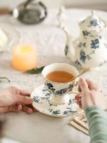 chenguang 1pc Flower Pattern Tea Cup & 1pc Tray, Modern Flower & Branch Print Tea Cup & Coaster For Home - Multicolor - View 4
