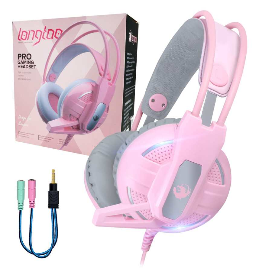 Audífonos Diadema Gamer Pink Jack 3.5 mm con Micrófono para PC Laptop Consolas PS4 PS5 Xbox One Xbox Series X/S - Rosa - Ver 1