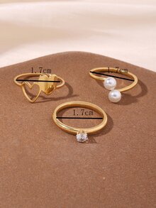 3 件装不锈钢金色双心形水钻珍珠女士戒指套装 - 金黃色 - 查看 2