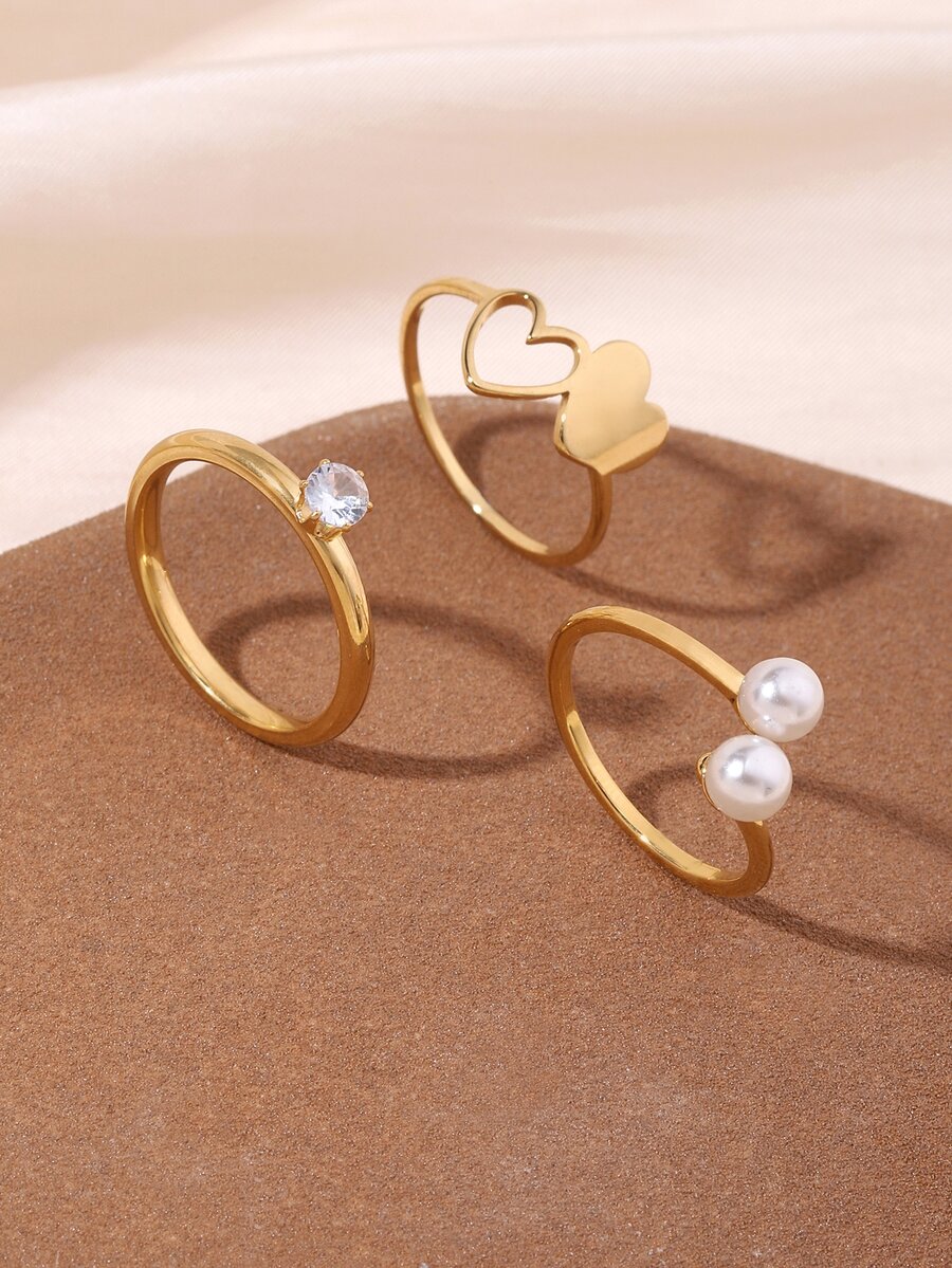 3 件装不锈钢金色双心形水钻珍珠女士戒指套装 - 金黃色 - 查看 1