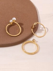 3 件装不锈钢金色双心形水钻珍珠女士戒指套装 - 金黃色 - 查看 3