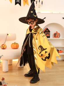1入組萬聖節披肩帶五尖星星和巫師帽角色扮演服飾適用於兒童 - 黑色 - 查看 3