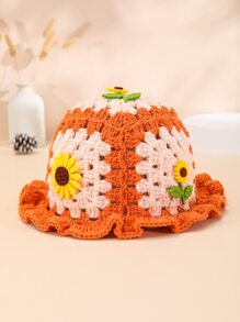 1 Stück handgefertigter Häkel-Sonnenblumen-Dekor Farbblock Fischerhut für Damen, lässig Tragen, Strand, Angeln, Urlaub, Reisen - Orange - Übersicht 3