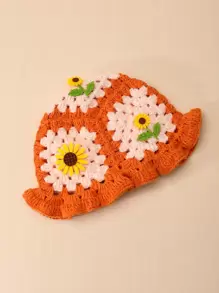 1 Stück handgefertigter Häkel-Sonnenblumen-Dekor Farbblock Fischerhut für Damen, lässig Tragen, Strand, Angeln, Urlaub, Reisen - Orange - Übersicht 2