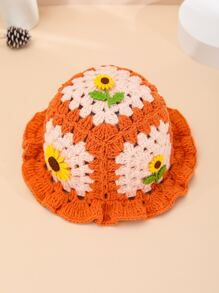 1 Stück handgefertigter Häkel-Sonnenblumen-Dekor Farbblock Fischerhut für Damen, lässig Tragen, Strand, Angeln, Urlaub, Reisen - Orange - Übersicht 4