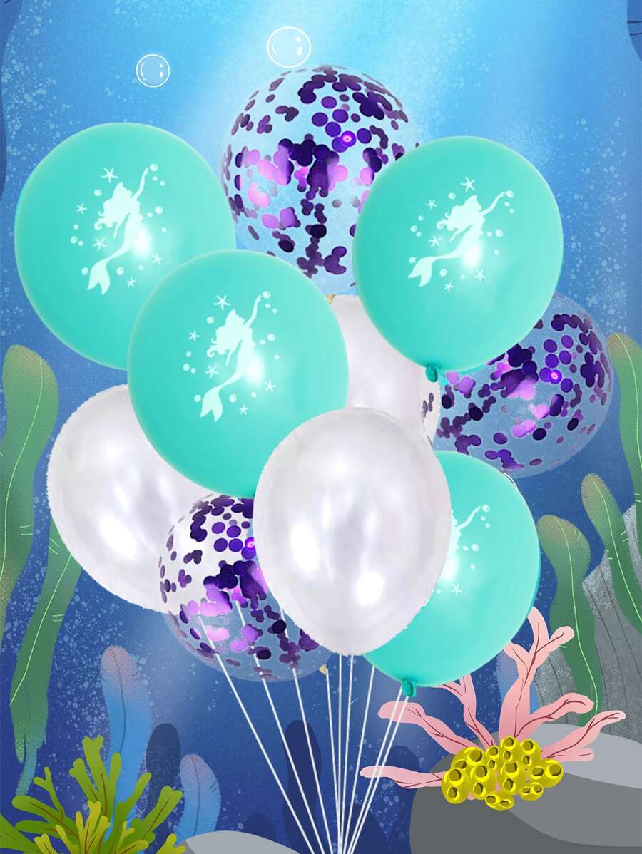 10入組美人魚圖案小氣球 - 彩色 - 查看 1