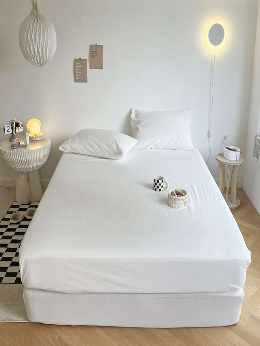 1pc Solid Color Stonewashed Bed Sheet - White - View 1