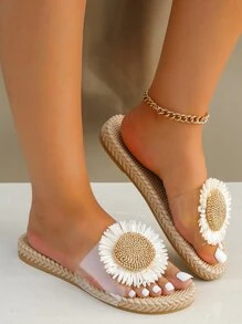 女士海灘風格人造草坪編織時尚拖鞋 - 無色 - 查看 1