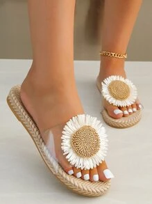 女士海灘風格人造草坪編織時尚拖鞋 - 無色 - 查看 2