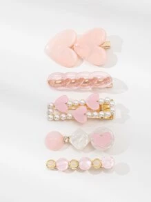 5pcs Heart & Faux Pearl Decor Hair Clip - Multicolor - View 1