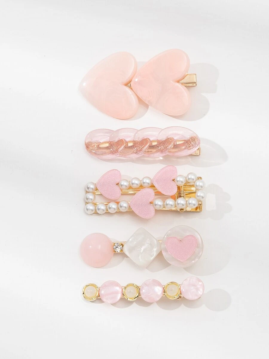 5pcs Heart & Faux Pearl Decor Hair Clip - Multicolor - View 1